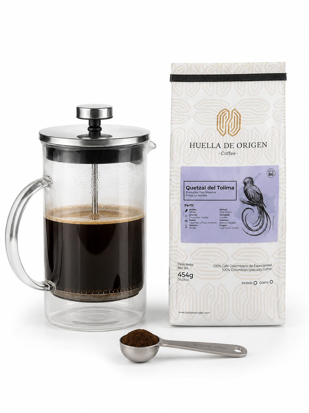 kit café de especialidad quetzal tolima + prensa francesa (600ml) kit café de especialidad quetzal tolima + prensa francesa (600ml)