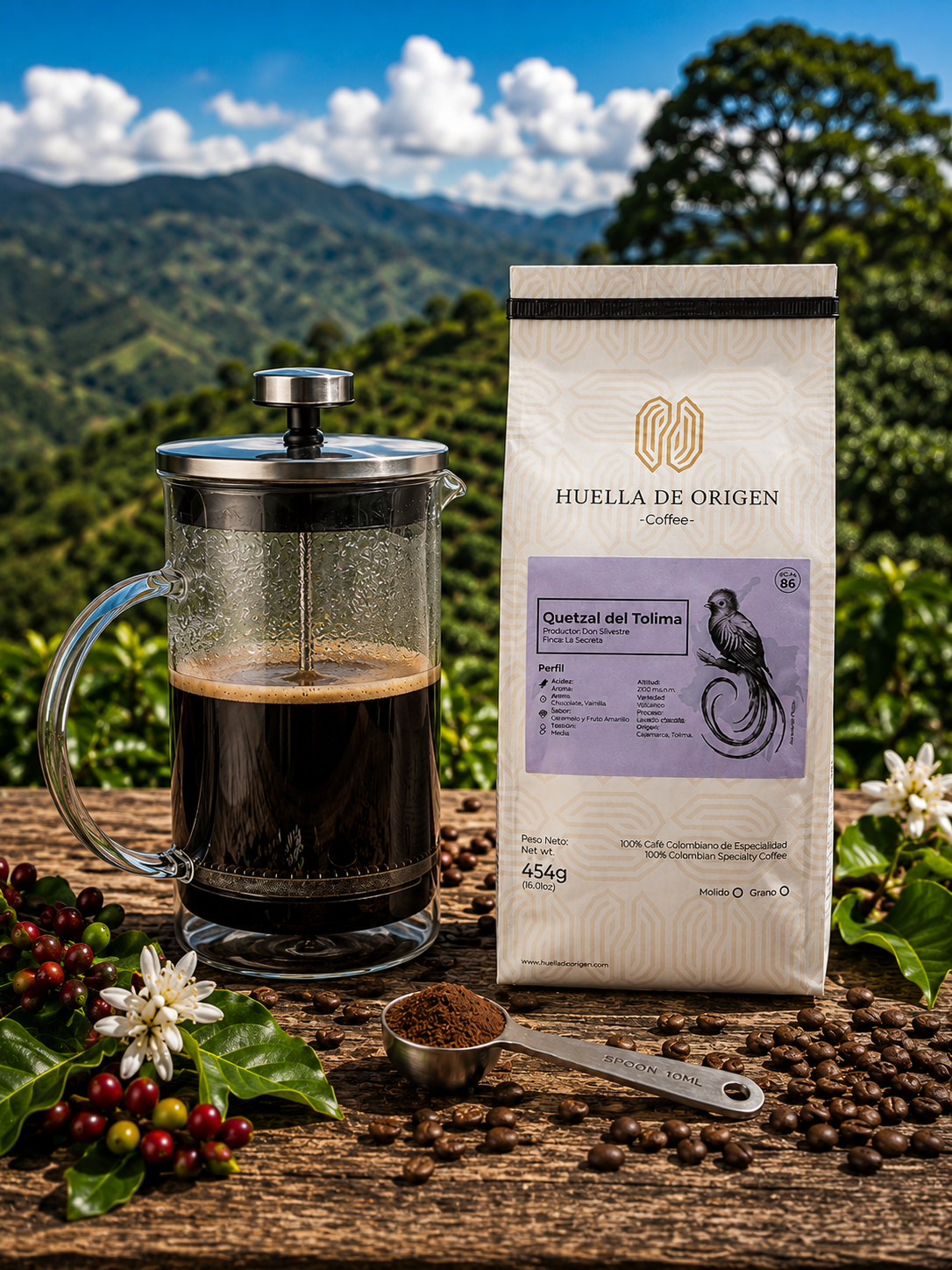 kit café de especialidad quetzal tolima + prensa francesa (600ml) kit café de especialidad quetzal tolima + prensa francesa (600ml)